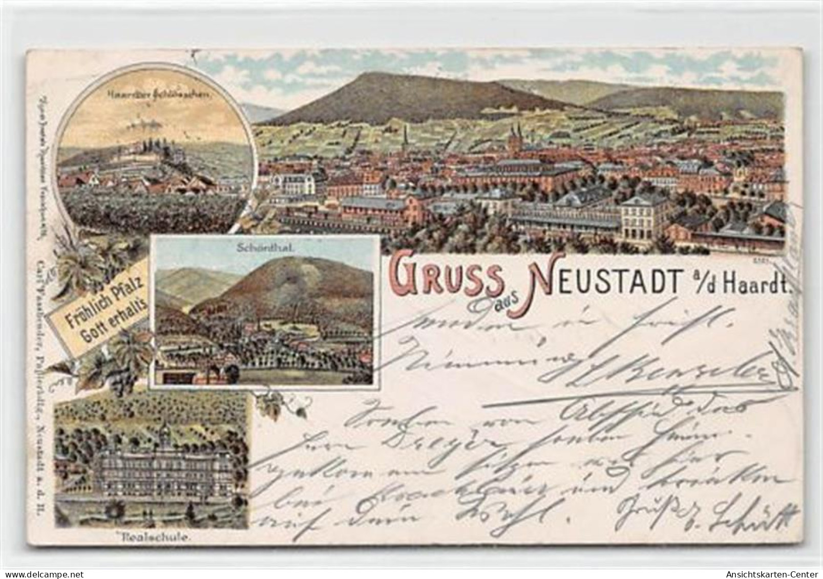 39097711 - Neustadt, Lithographie. Haardter Schloss, Eine Schoental Realschule Gelaufen. Ecken Mit Albumabdruecken, Lei - Neustadt (Weinstr.)