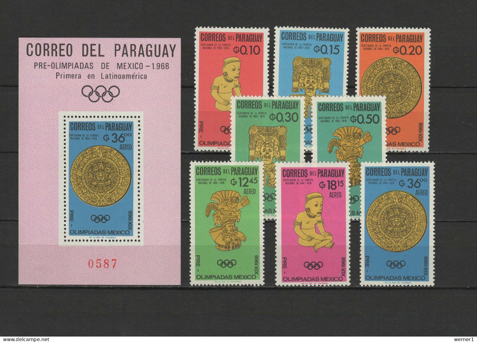 Paraguay 1966 Olympic Games Mexico, Set Of 8 + S/s MNH - Sommer 1968: Mexico