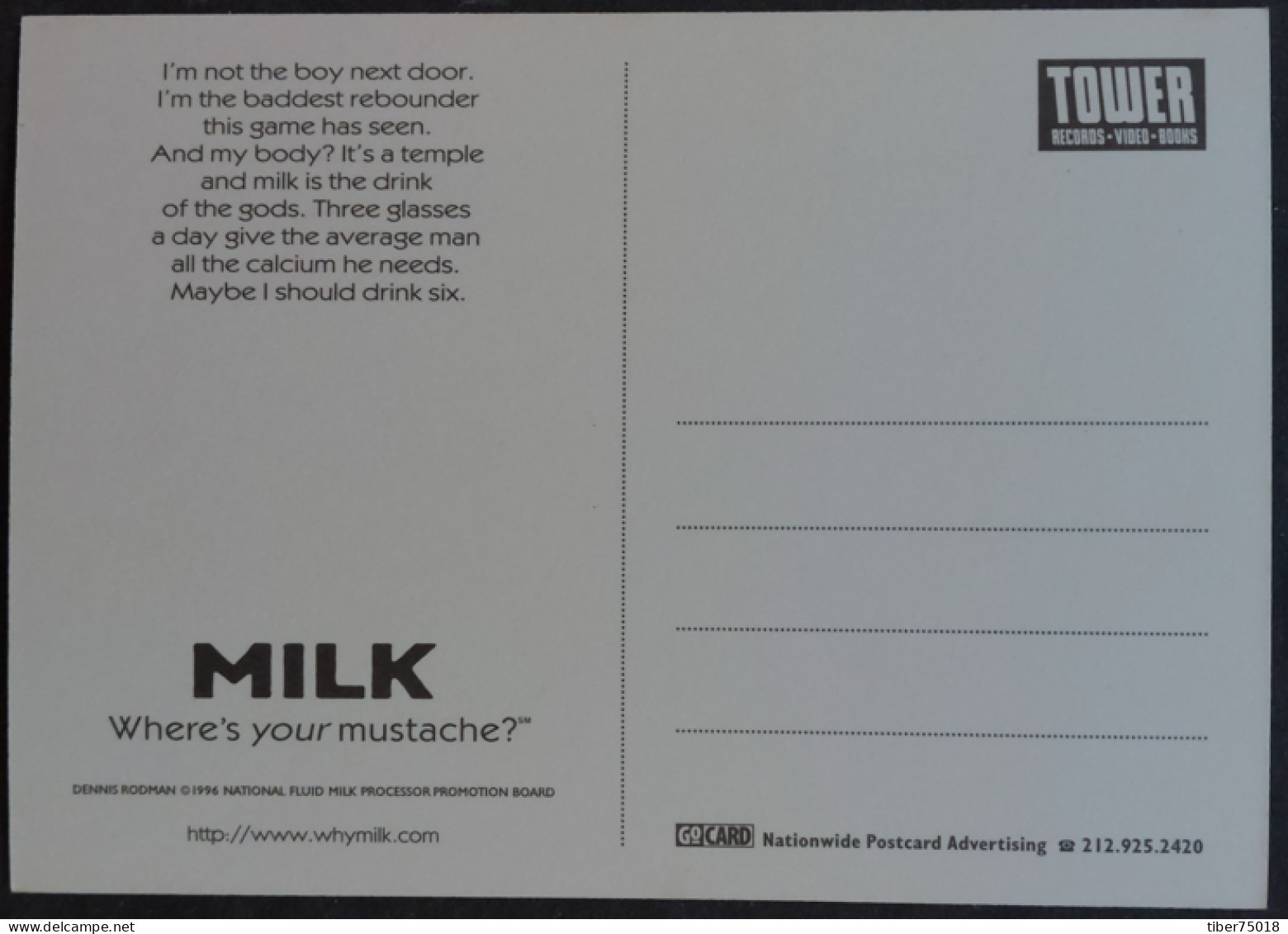 Carte Postale (Tower Records) Milk (homme Nu Avec Du Lait En Guise De Moustache) Dennis Rodman (basket-ball) - Publicité