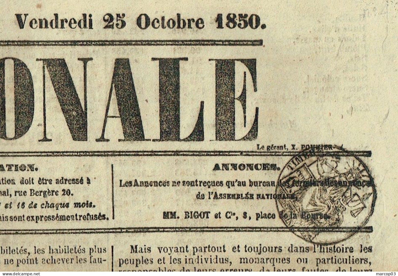 75 PARIS Journal L'Assemblée Nationale Du 25/10/1850  Droit Fiscal/postal De Timbre De 6 C  SEINE Journal Complet TTB - Journaux