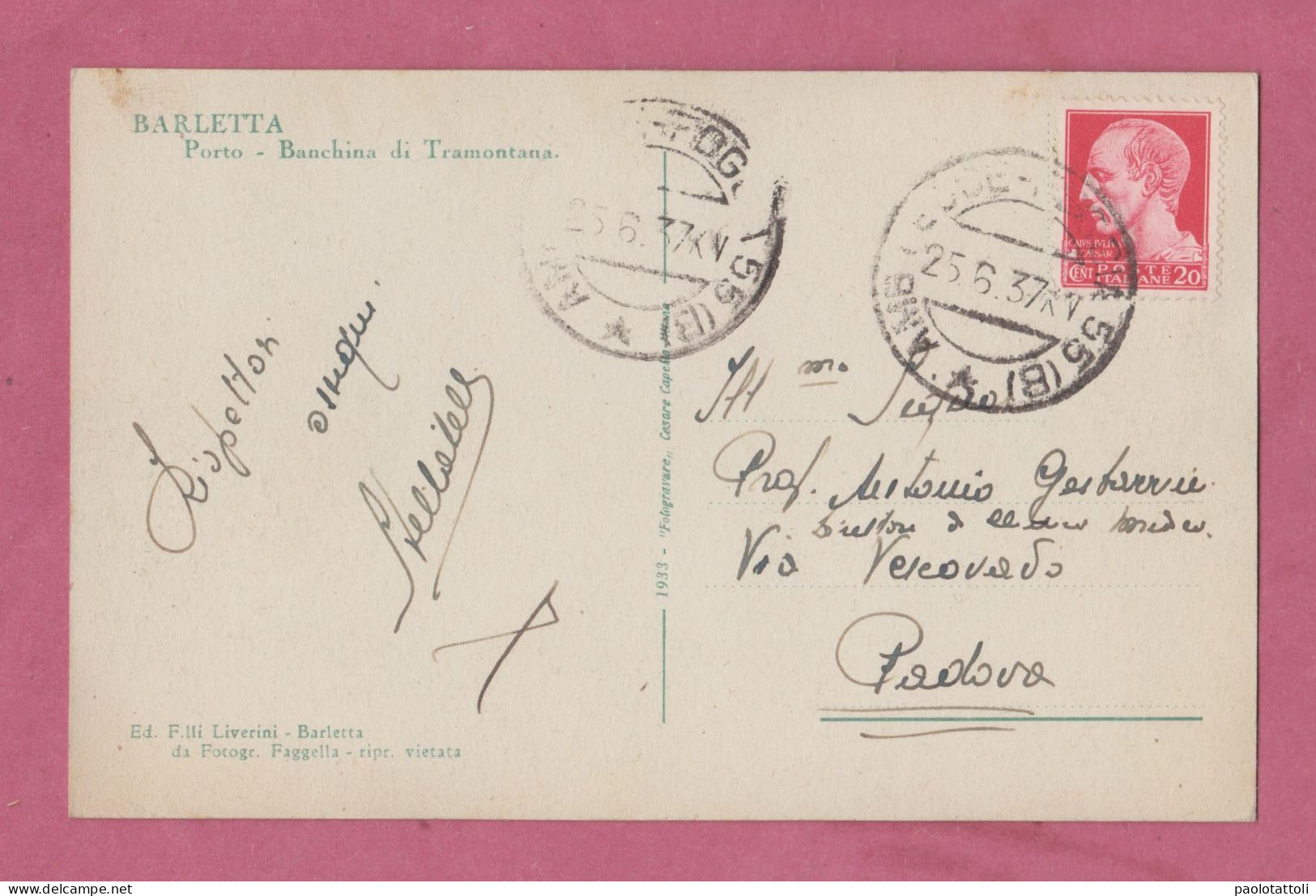 Barletta. Porto- Banchina Di Tramontana Small Size, Divided Back, Ed. F.lli LIverini. Cancelled And Mailed To Padova - Barletta