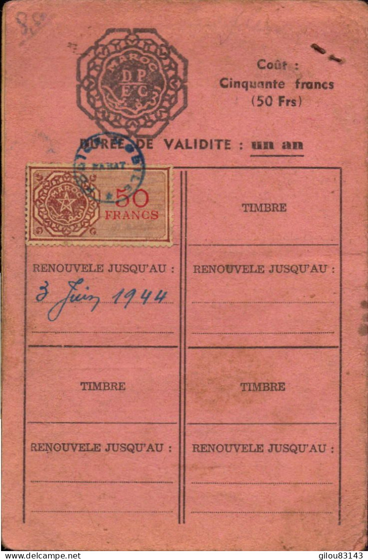 Carte D Identité D Etranger, Maroc, Rabat, 1942, Timbre Fiscal 50 Francs - Ohne Zuordnung
