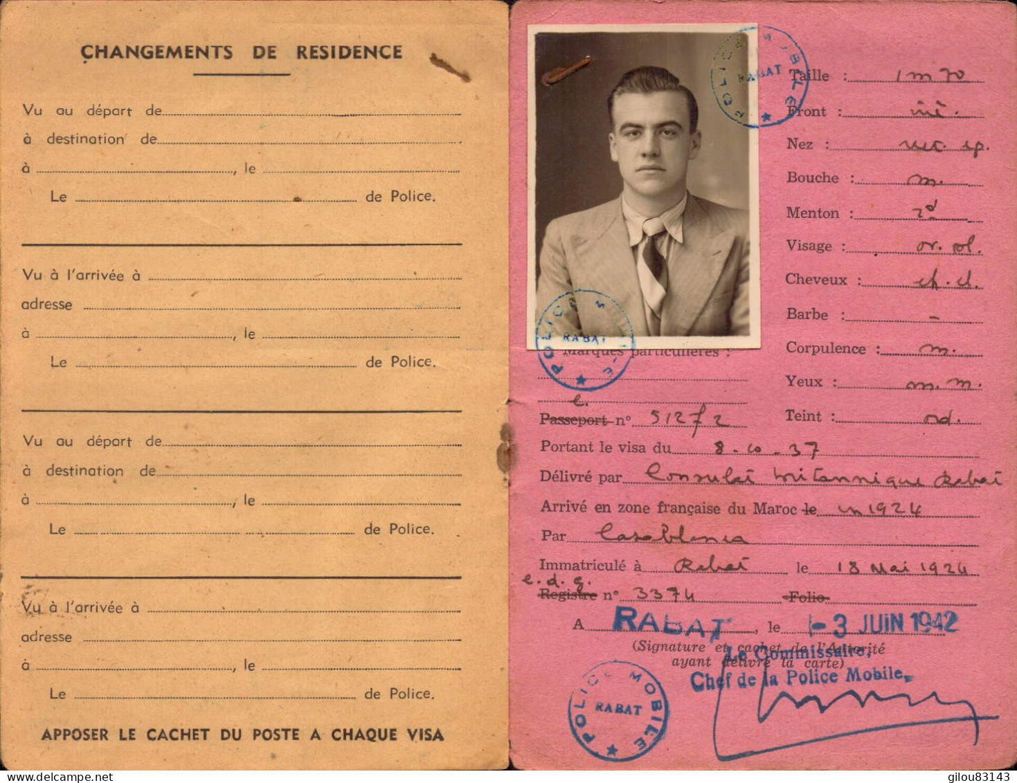 Carte D Identité D Etranger, Maroc, Rabat, 1942, Timbre Fiscal 50 Francs - Non Classés