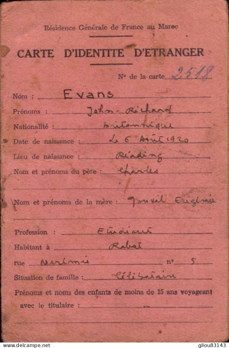 Carte D Identité D Etranger, Maroc, Rabat, 1942, Timbre Fiscal 50 Francs - Ohne Zuordnung