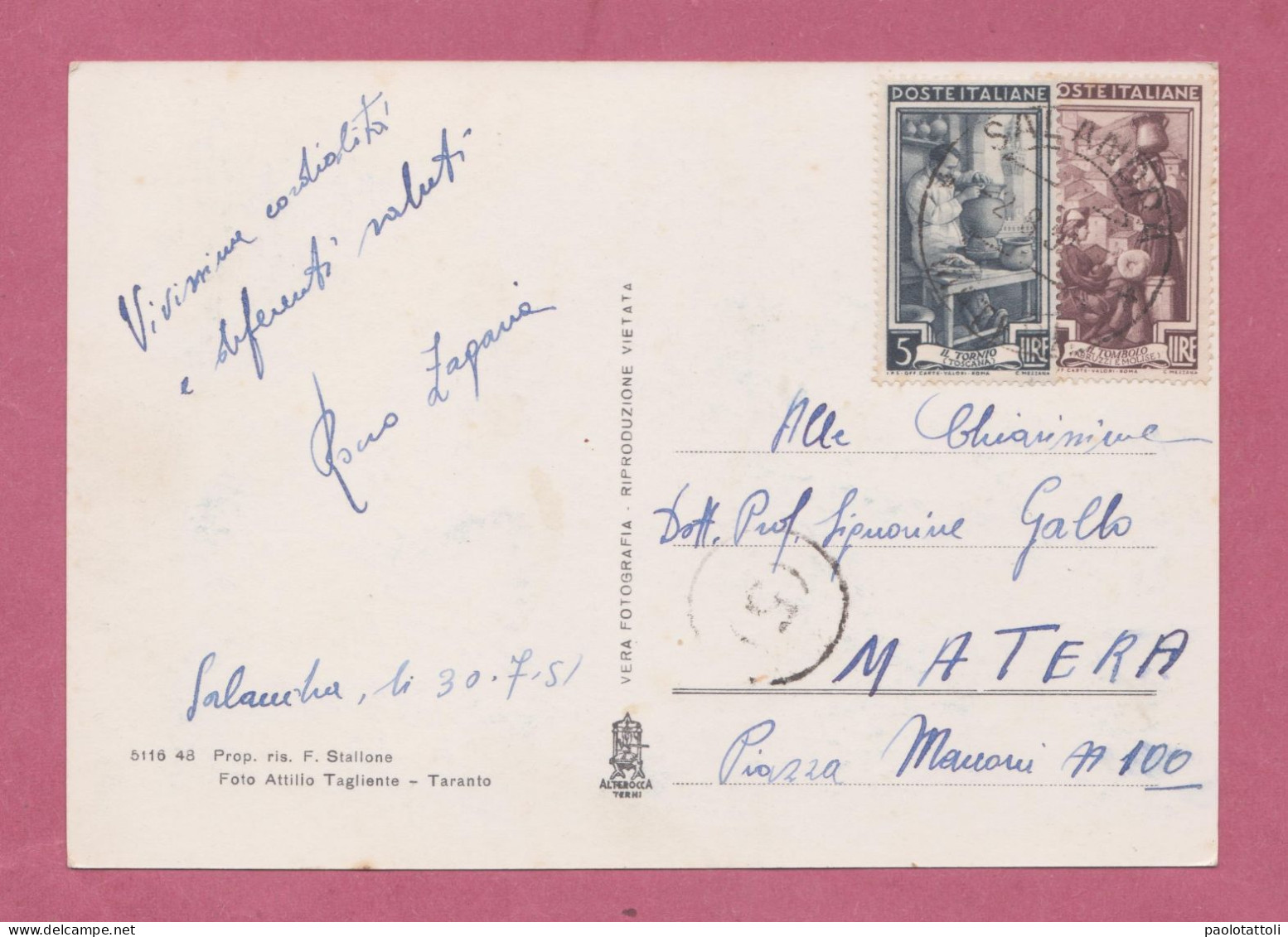 Salandra. Panorama- Standard Size, Divided Back, Ed. F.Stallone N° 5116-48. Cancelled And Mailed To Matera On 2.8.1951- - Autres & Non Classés