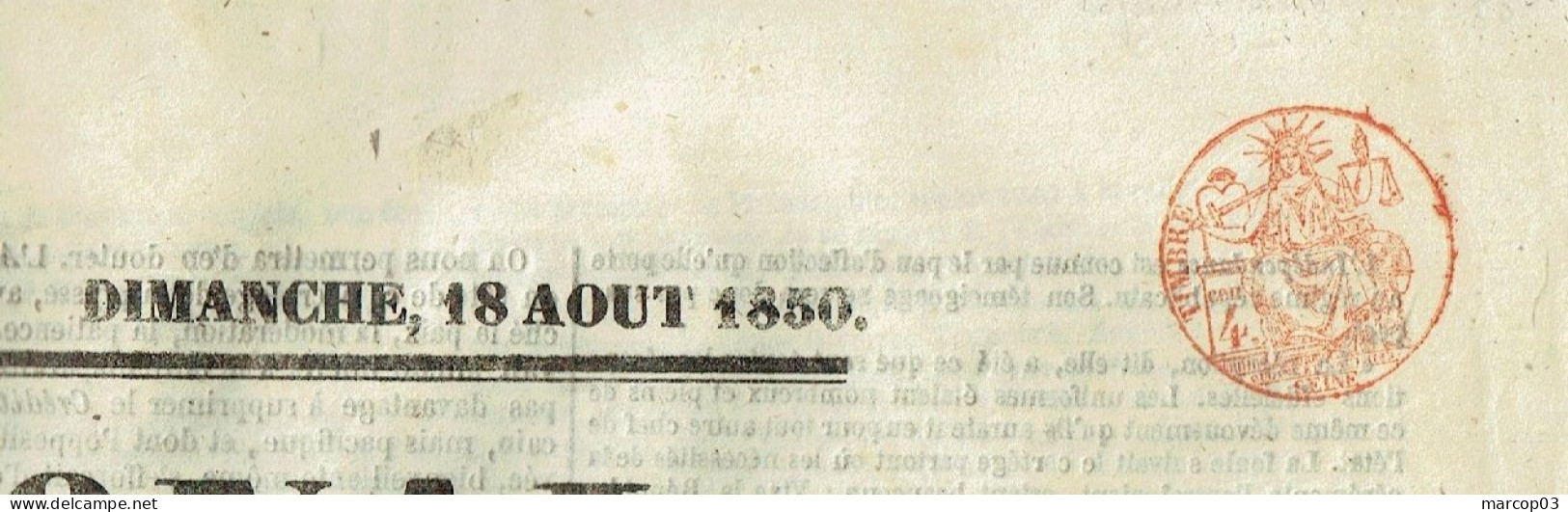 75 PARIS Journal Le Nationale Du 18/08/1850  Droit Fiscal De Timbre De 4 C Rouge SEINE Journal Complet SUP - Journaux
