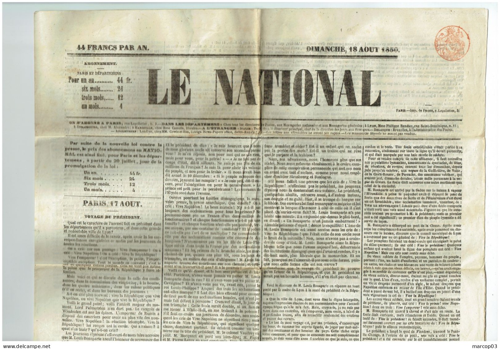 75 PARIS Journal Le Nationale Du 18/08/1850  Droit Fiscal De Timbre De 4 C Rouge SEINE Journal Complet SUP - Zeitungsmarken (Streifbänder)