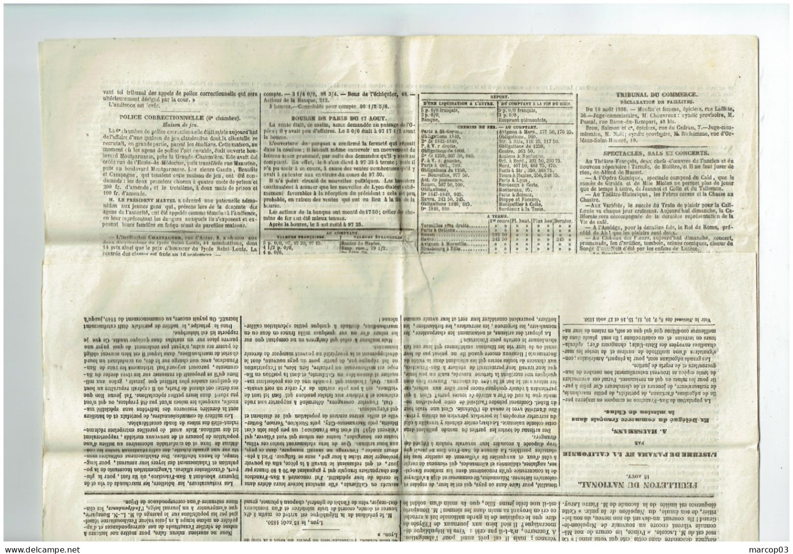 75 PARIS Journal Le Nationale Du 18/08/1850  Droit Fiscal De Timbre De 4 C Rouge SEINE Journal Complet SUP - Zeitungsmarken (Streifbänder)