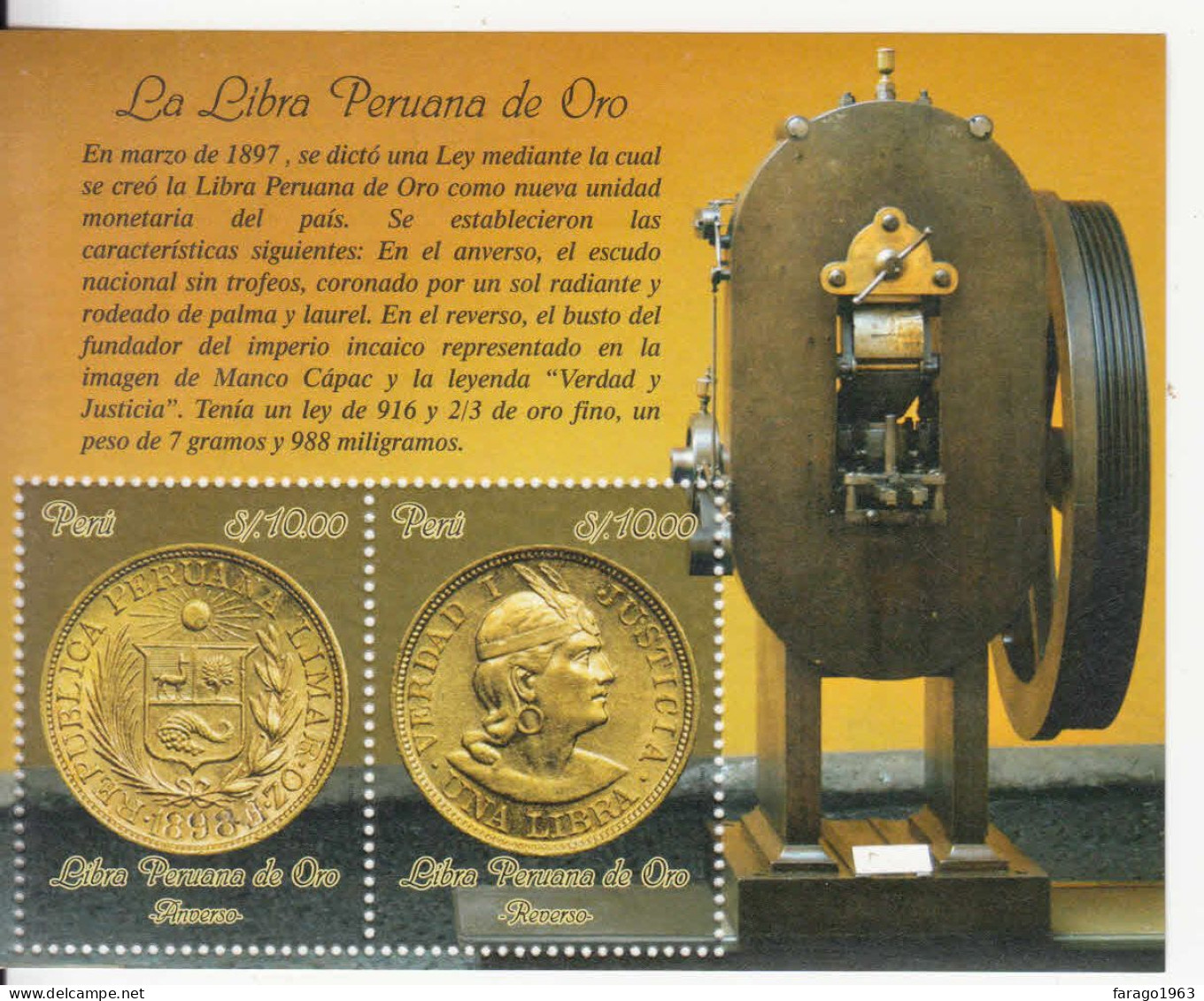 2014 Peru Gold Coin Money Monnaie Souvenir Sheet MNH - Peru