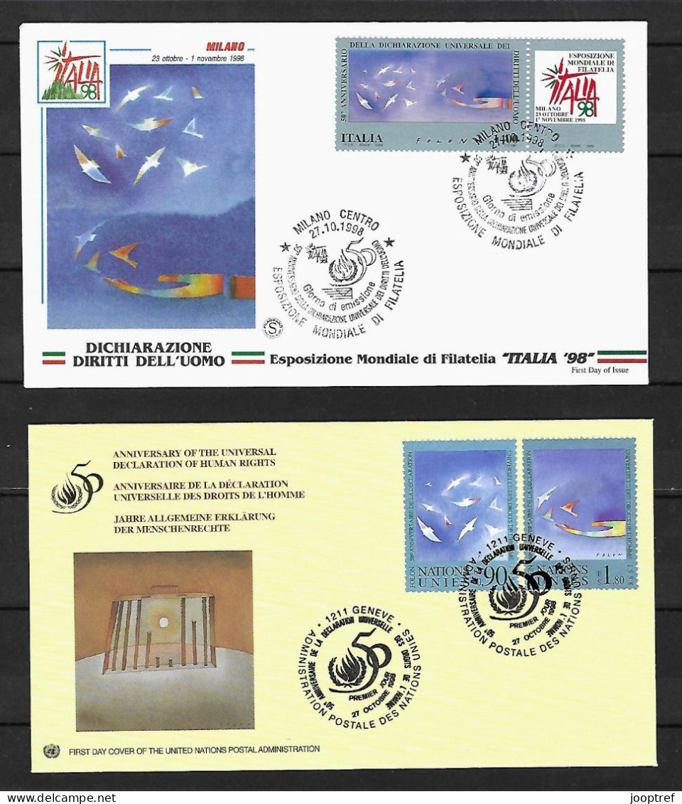 1998 Joint/Congiunta Italy And United Nations, BOTH FDC'S WITH 1 STAMP: Human Rights - Joint Issues