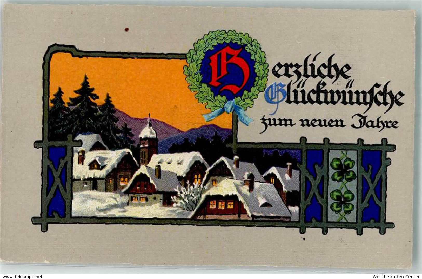 39621711 - Ein Kleines Dorf In Winterlicher Landschaft Gluecksklee Eichenkranz - New Year