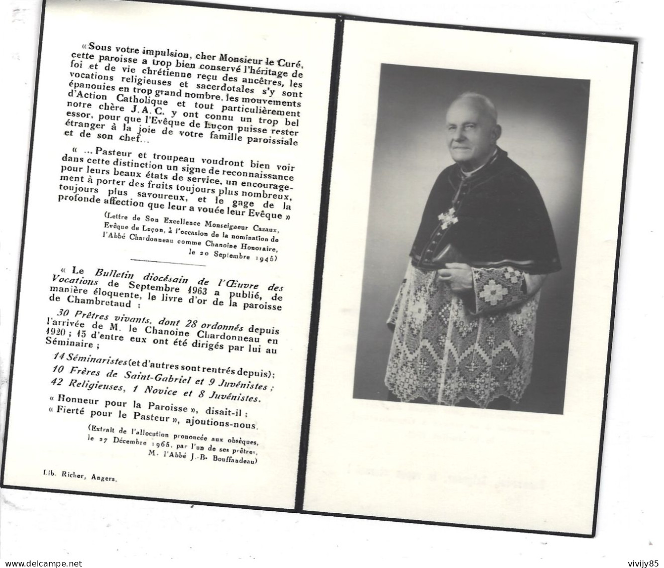 85-CHAMBRFETAUD- Faire Part Décès Chanoine Pierre CHARDONNEAU - ROCHESERVIERE-LUçON-ESSATS-JARD/MER-St A.D'ORNAY - Obituary Notices