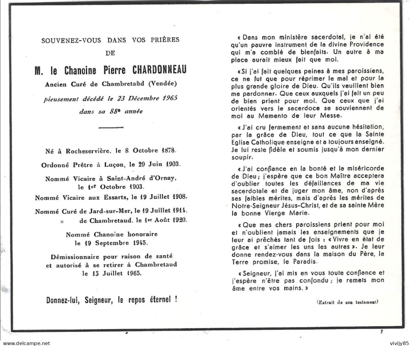 85-CHAMBRFETAUD- Faire Part Décès Chanoine Pierre CHARDONNEAU - ROCHESERVIERE-LUçON-ESSATS-JARD/MER-St A.D'ORNAY - Obituary Notices