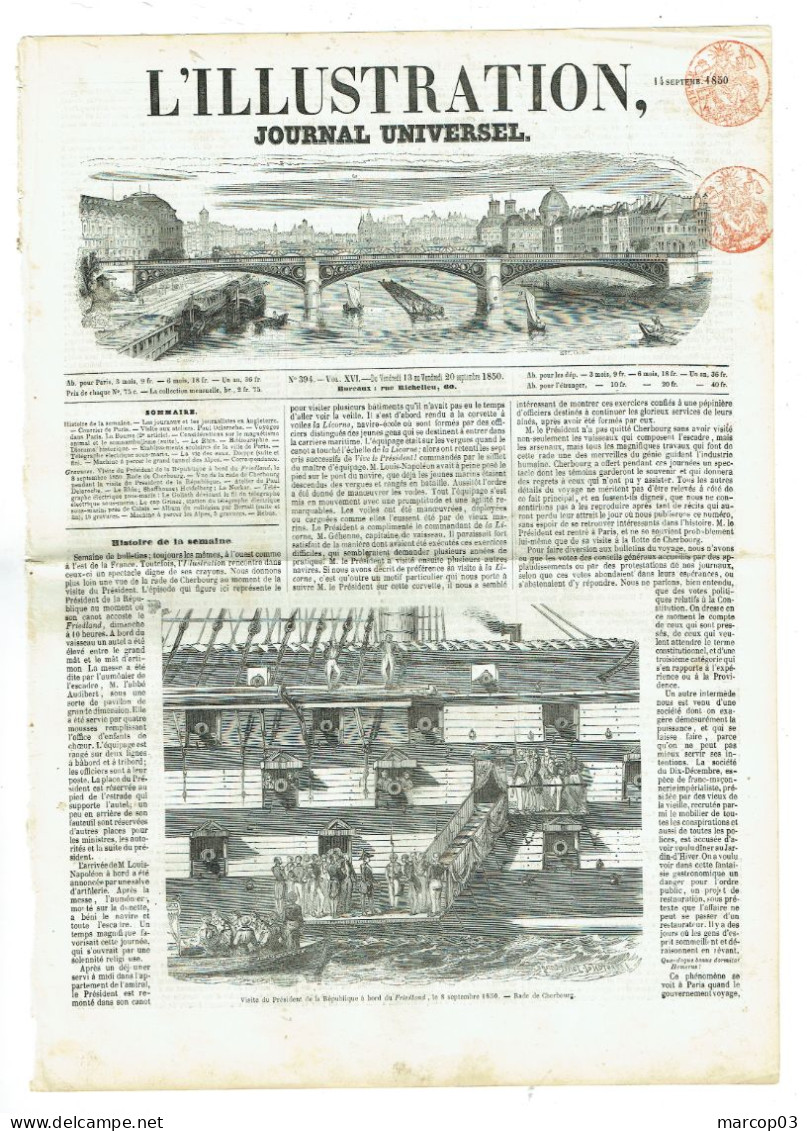 75 PARIS Journal L'illustration Du 14/09/1850  Droit Fiscal De Timbre De 4 C Rouge X 2 SEINE Première Page SUP - Newspapers