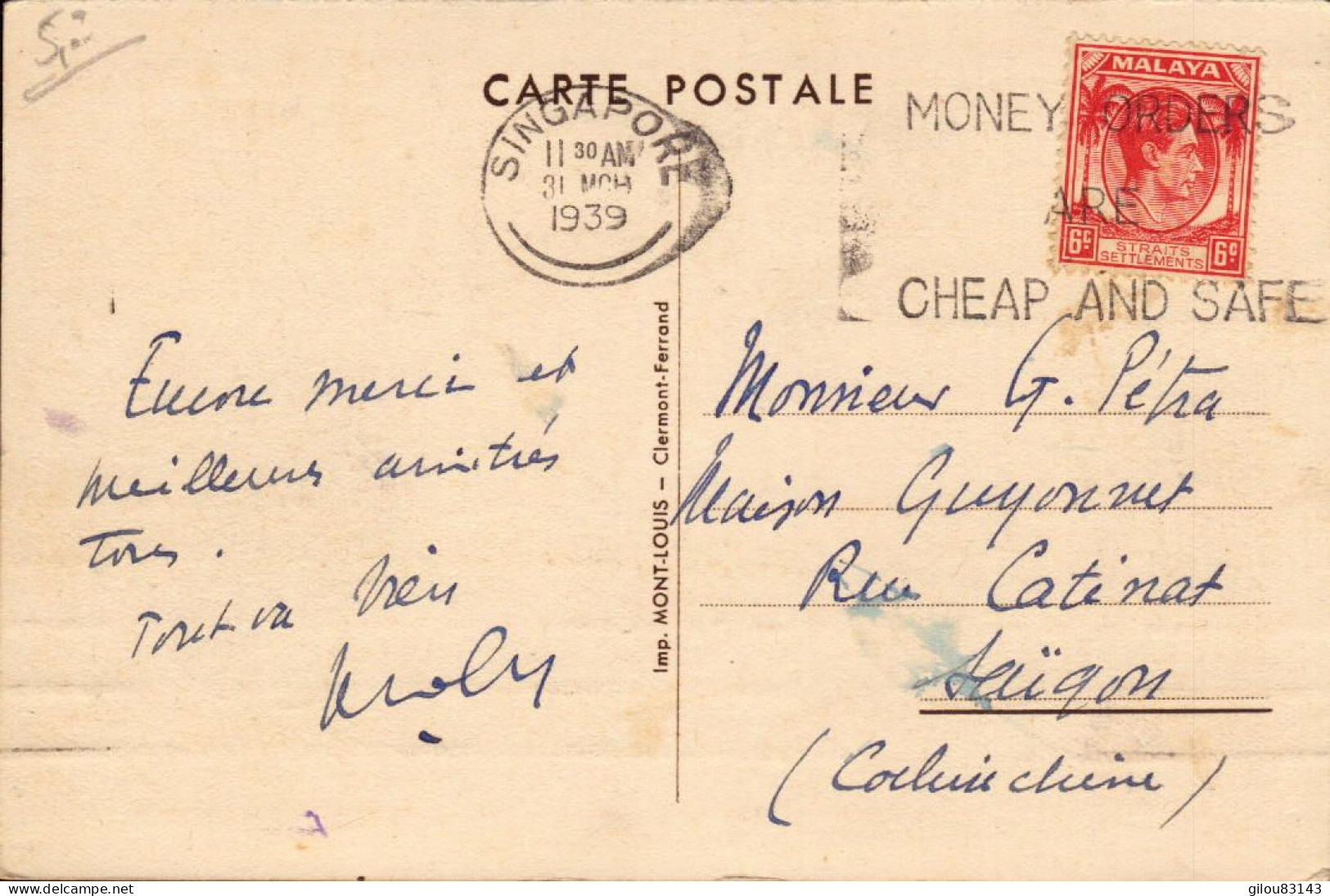 Lettre, Carte De Singapour Pour Saigon, Cochinchine, Chargeurs Reunis Paquebot + Stamp Malaya - Singapore (...-1959)