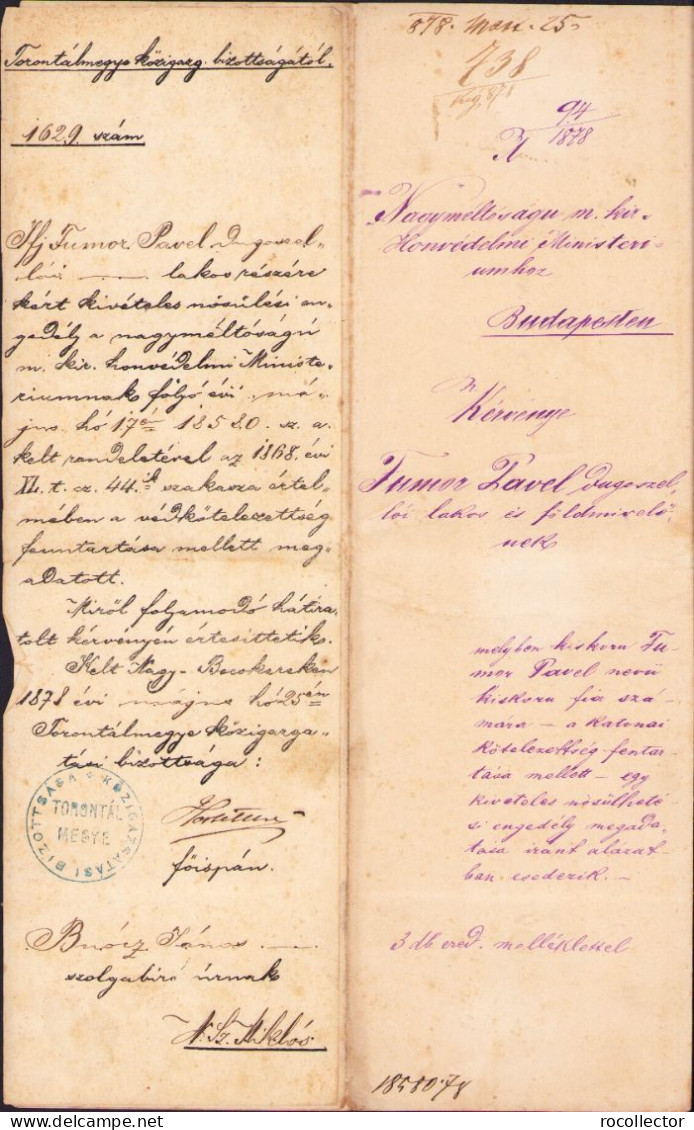 Vindornyalaki és Hertelendi Hertelendy József Alairasa, Torontal Varmegye Foispan, 1878 A2505N - Collections