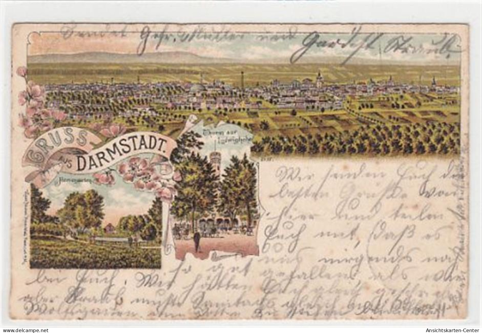39088711 - Darmstadt, Lithographie. Thurm Auf Der Ludwigshoehe, Eine Totale Herrengarten Gelaufen, 1899. Leichte Abschu - Darmstadt