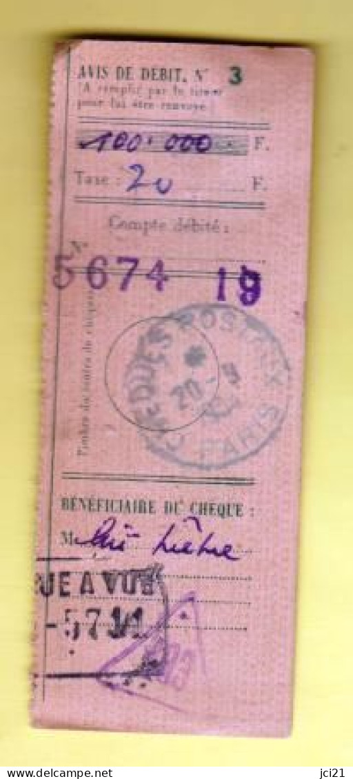 TAD "CHÈQUES POSTAUX PARIS Avec * étoile" Sur Avis De Débit N°3 (273)_tad57 - Manual Postmarks