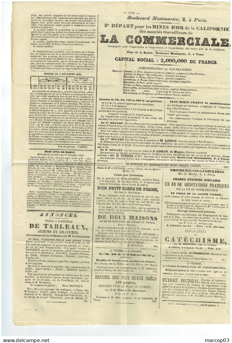 54 MEURTHE ET MOSELLE NANCY Journal Du 08/12/1850  Droit Fiscal/postal De Timbre De 1 C X 2 Journal Complet TTB - Periódicos