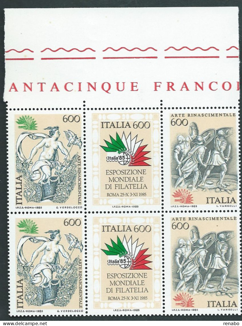Italia 1985; Esposizione Mondiale Di Filatelia Arte Rinascimentale, Serie Completa: Coppia Del Trittico Unito, Bordo - 1981-90: Neufs