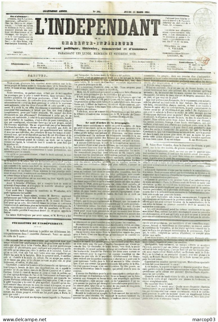 54 MEURTHE ET MOSELLE NANCY Journal Du 08/12/1850  Droit Fiscal/postal De Timbre De 1 C X 2 Journal Complet TTB - 1849-1876: Classic Period