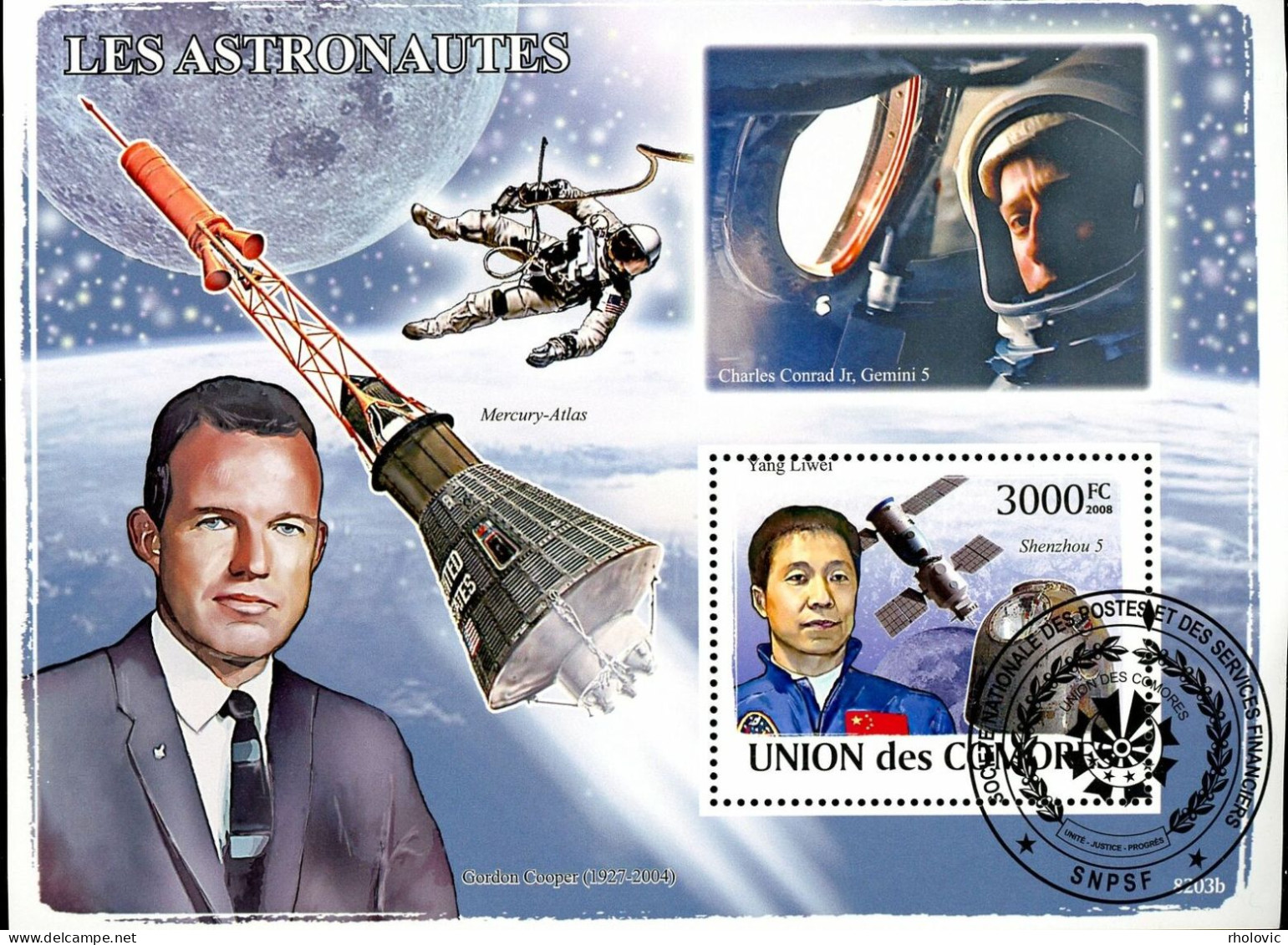 COMORES 2008, Astronauts, Space, Souvenir Sheet, Used - Sonstige & Ohne Zuordnung
