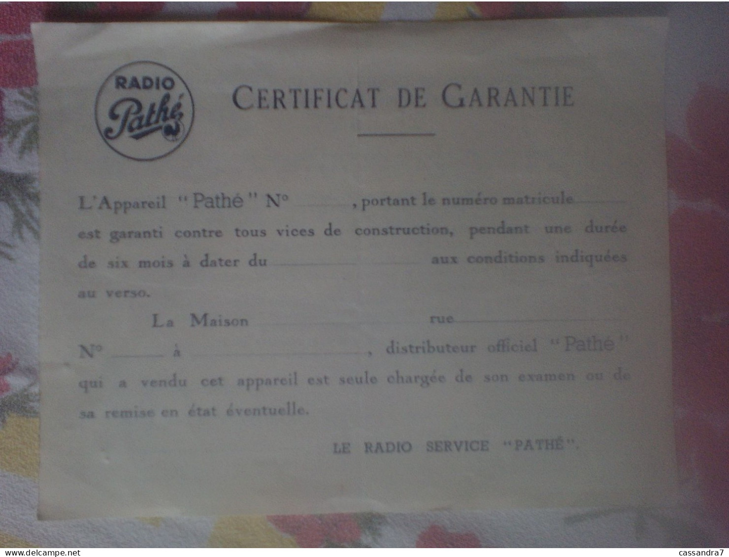 Radio Pathé - Certificat De Garantie Vierge - Le Radio Service Pathé - Conditions De Garantie Au Dos - Werbung