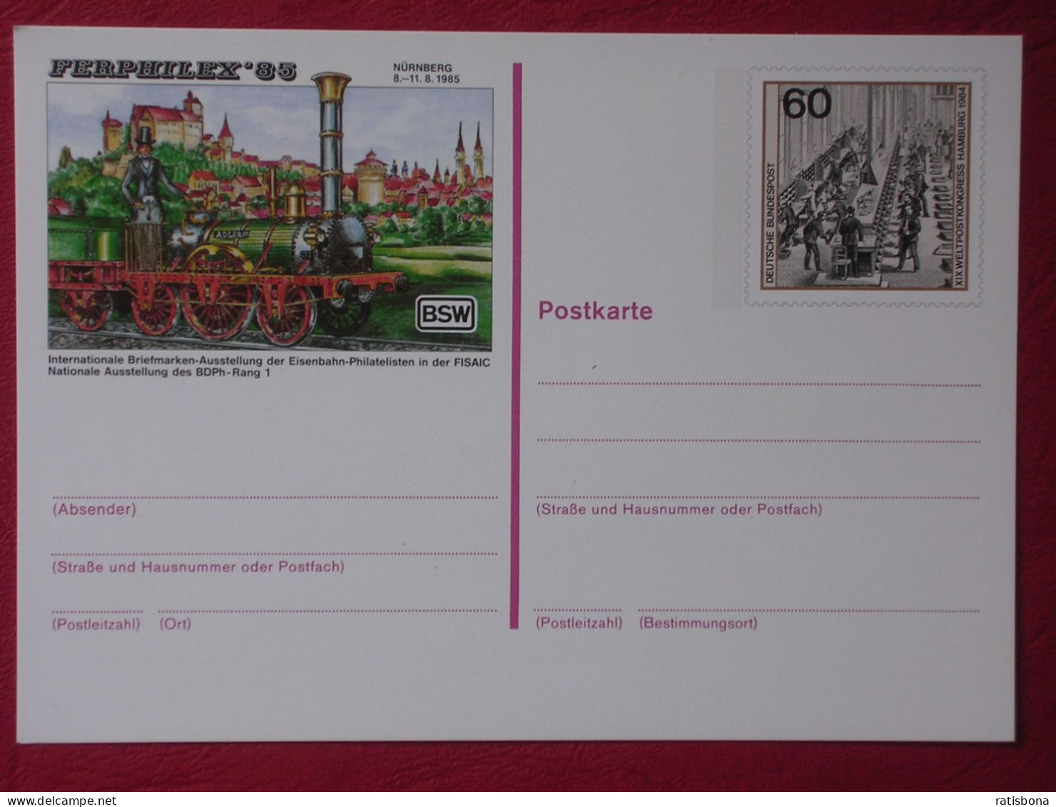 Sonderpostkarte Nr.10 "FERPHILEX" 1985 - Nürnberg- Ausstellung Der Eisenbahn-Philatelisten - Trains