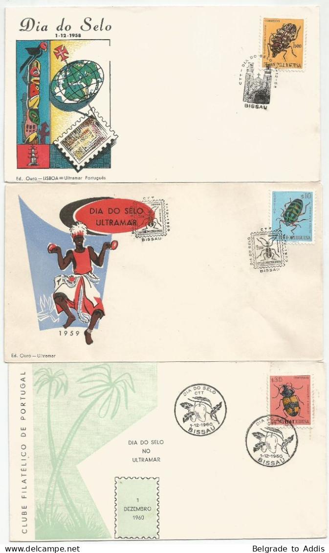 Guinea Bissau Portugal 3 Commemorative Covers Dia Do Selo Ultramar 1958/60 Insects - Guinea Portuguesa