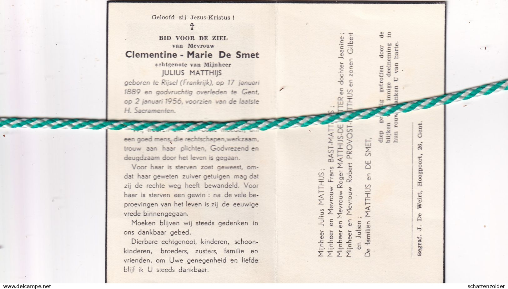 Clementine Marie De Smet-Matthijs, Rijsel (Fr) 1889, Gent 1956 - Obituary Notices