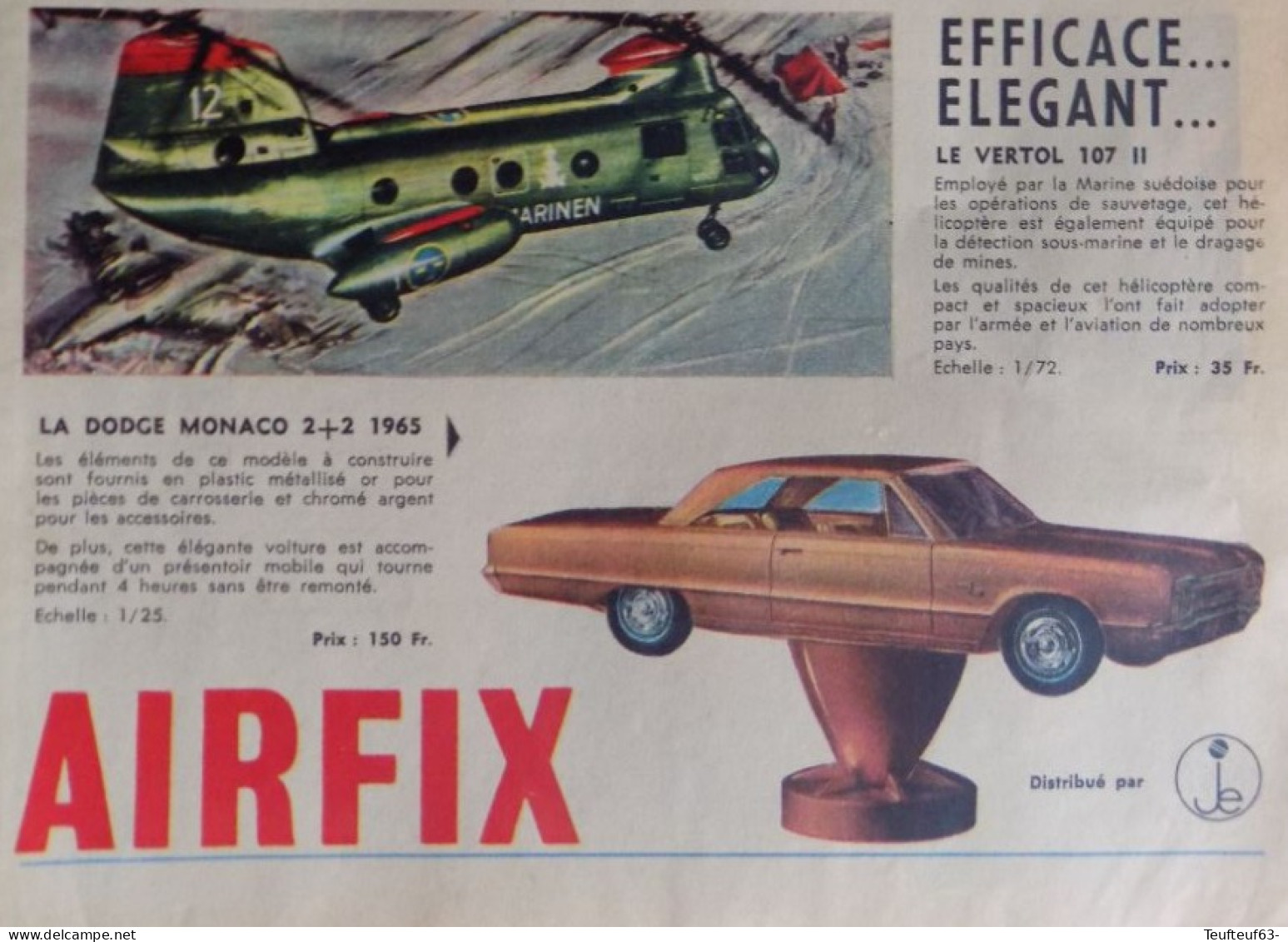 Publicité De Presse ; Jouets Maquettes Airfix : Vertol 107 II - Dodge Monaco 2+2 1965 - Publicités