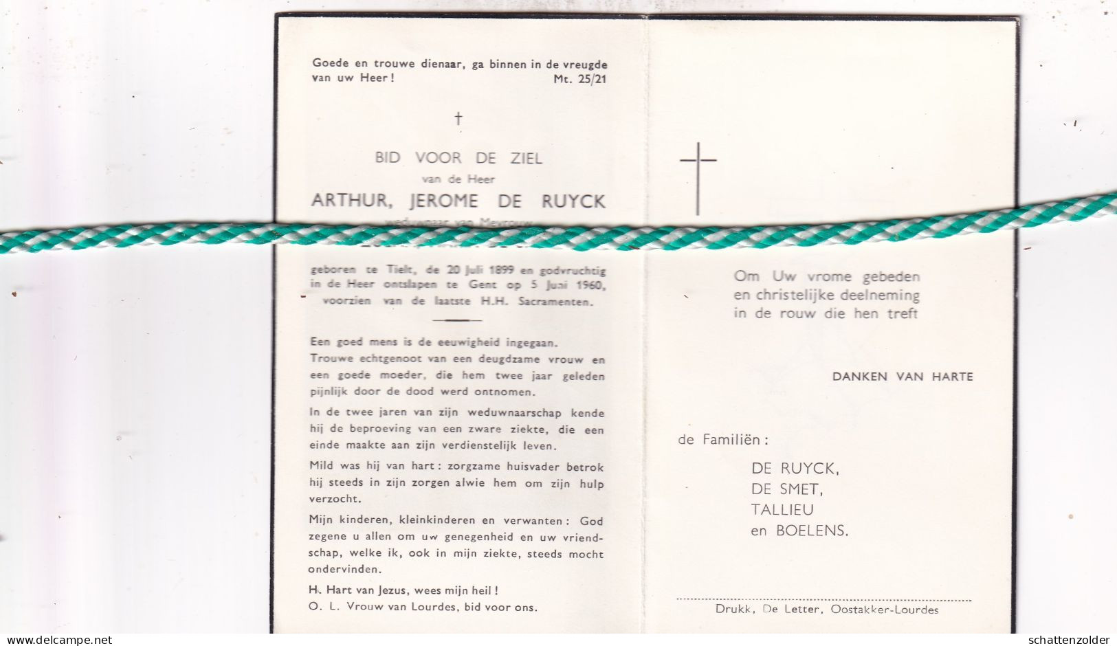 Arthur Jerome De Ruyck-De Smet, Tielt 1899, Gent 1960 - Obituary Notices