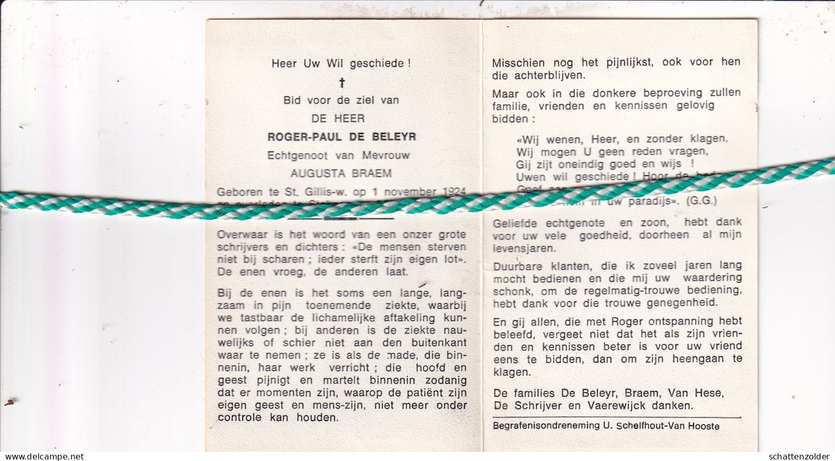 Roger Paul De Beleyr-Braem, Sint-Gillis-Waas 1924, Stekene 1977 - Obituary Notices