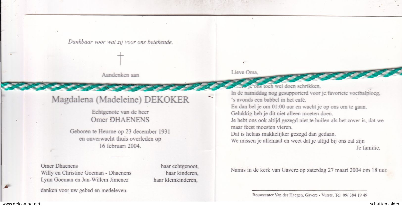 Magdalena (Madeleine) Dekoker-Dhaenens, Heurne 1931, 2004. Foto - Décès