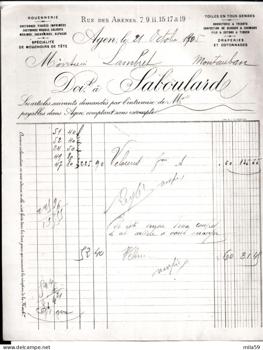 Tissus, Bonneterie Et Confection.Rouennerie. Saboulard à Agen. à M. Lambret à Montauban. 1905. - 1900 – 1949