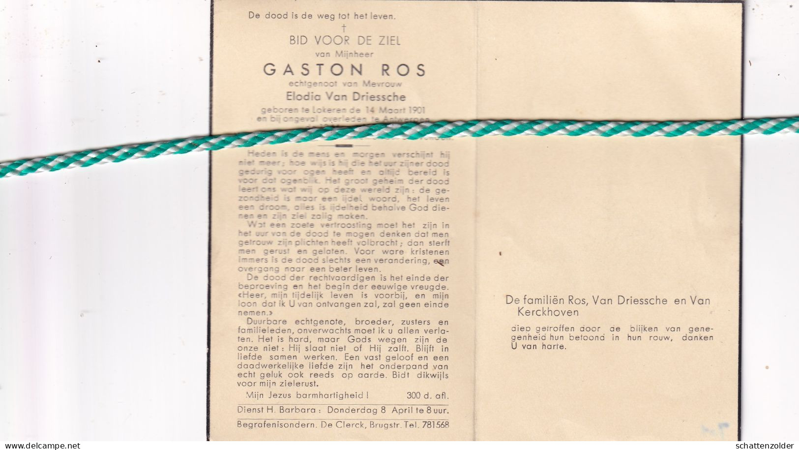 Gaston Ros-Van Driessche, Lokeren 1901, Antwerpen 1954 - Décès