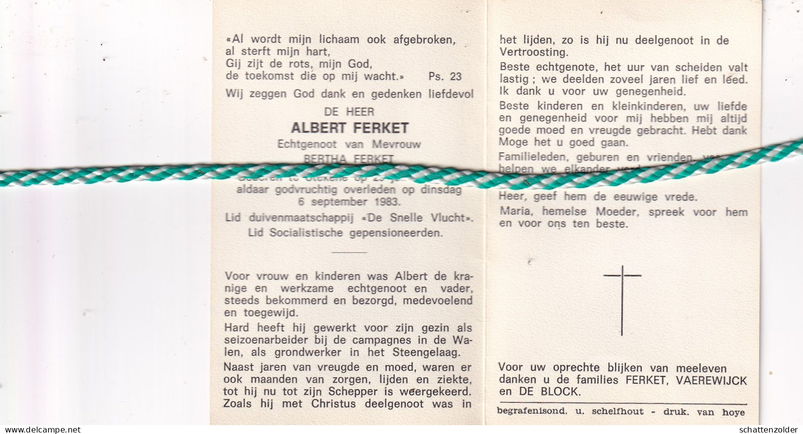 Albert Ferket, Stekene 1915, 1983 - Obituary Notices
