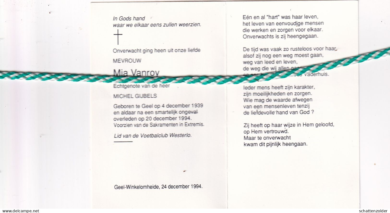 Mia Vanroy-Gijbels, Geel 1939, 1994. Foto Dameshoed - Obituary Notices