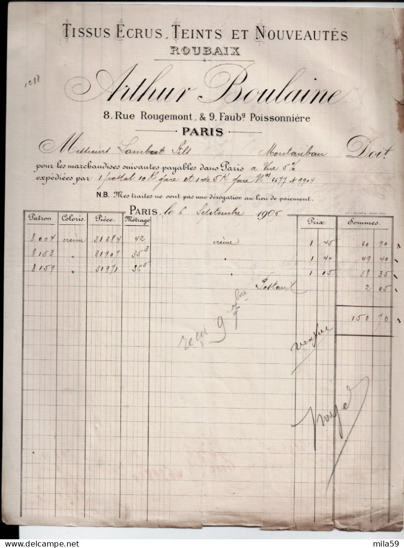 Tissus Ecrus, Teints Et Nouveautés à Roubaix. Arthur Boulaine,  Paris. à M. Lambret Fils à Montauban. 1906. - 1900 – 1949