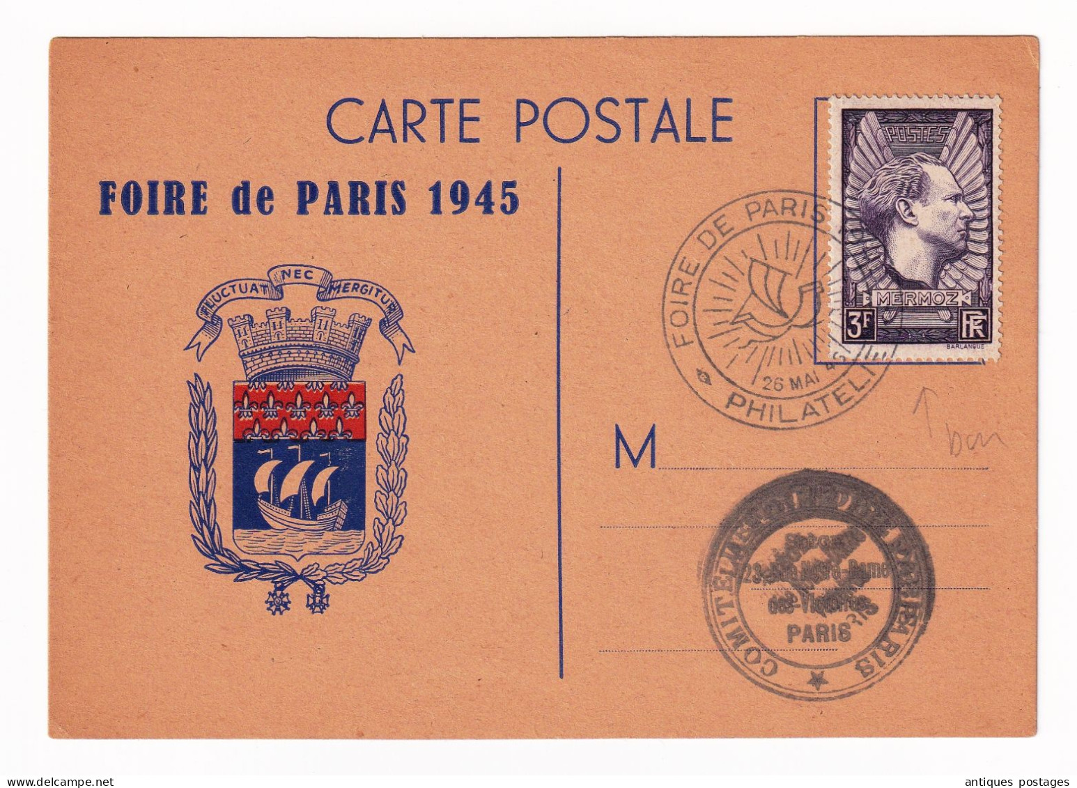 Carte Postale 1945 Foire De Paris Timbre N°338 Souvenir De Jean Mermoz 3F - Lettres & Documents