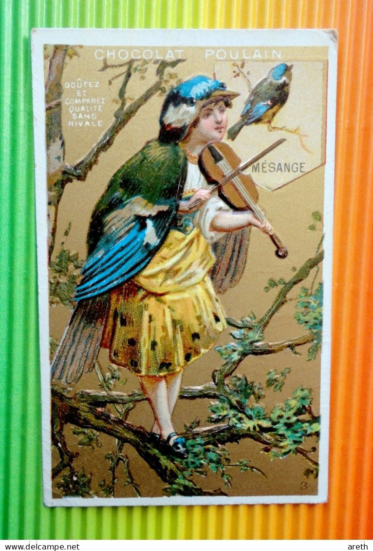 Jolie Chromo  Chocolat Poulain   La  MESANGE - Femme, Oiseau, Violon -  Gaufrée , Dorée - Poulain
