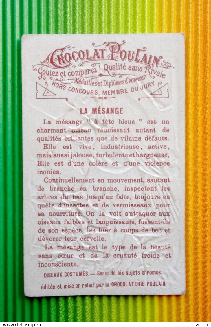 Jolie Chromo  Chocolat Poulain   La  MESANGE - Femme, Oiseau, Violon -  Gaufrée , Dorée - Poulain