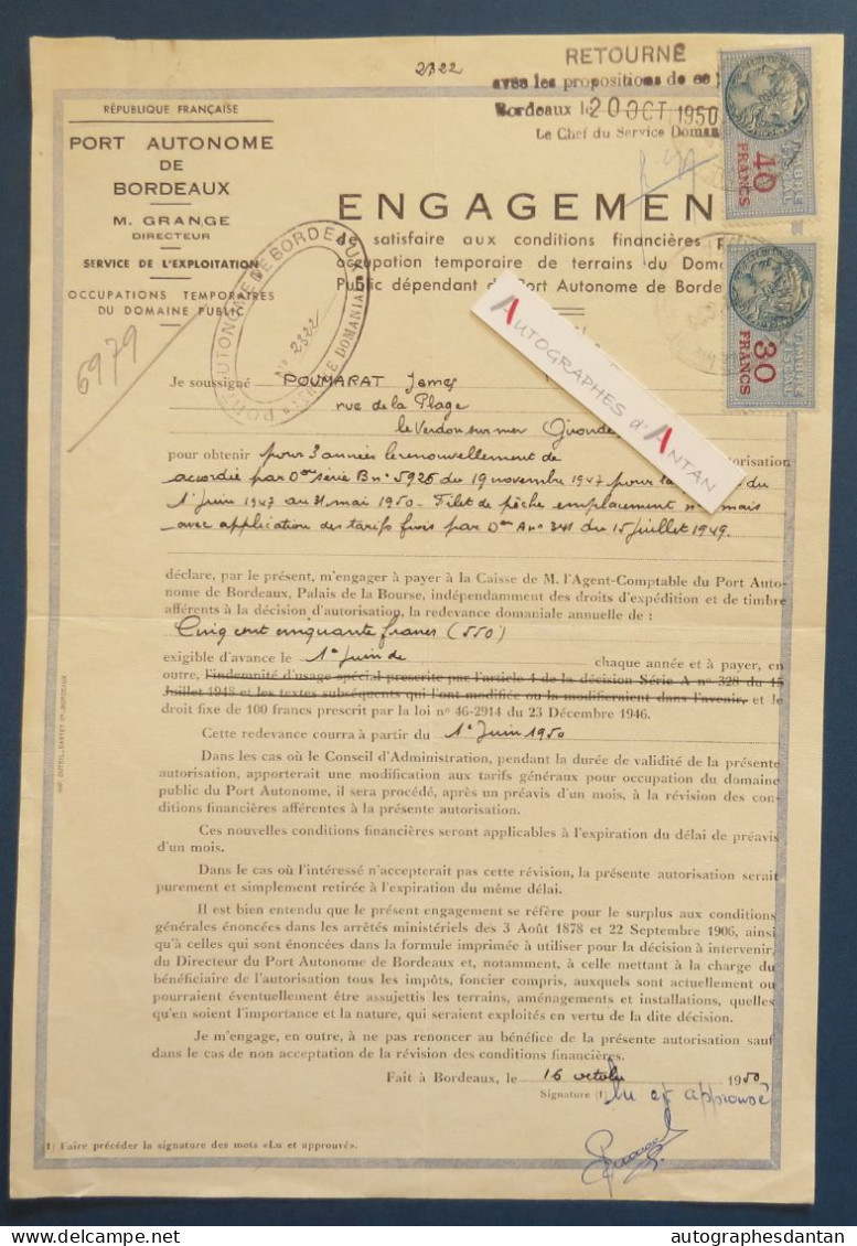 ● Port Autonome De Bordeaux - Engagement M. James POUMARAT - Contrat 1950 - Fiscaux 30F & 40F - 1950 - ...