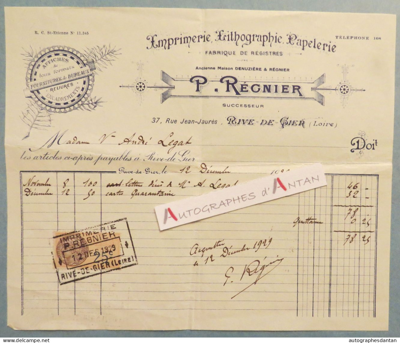 ● P. REGNIER Ex Maison Denuzière - Rive De Gier - Imprimerie Lithographie Papeterie - Facture 1929 Lettres André Legat - Druck & Papierwaren