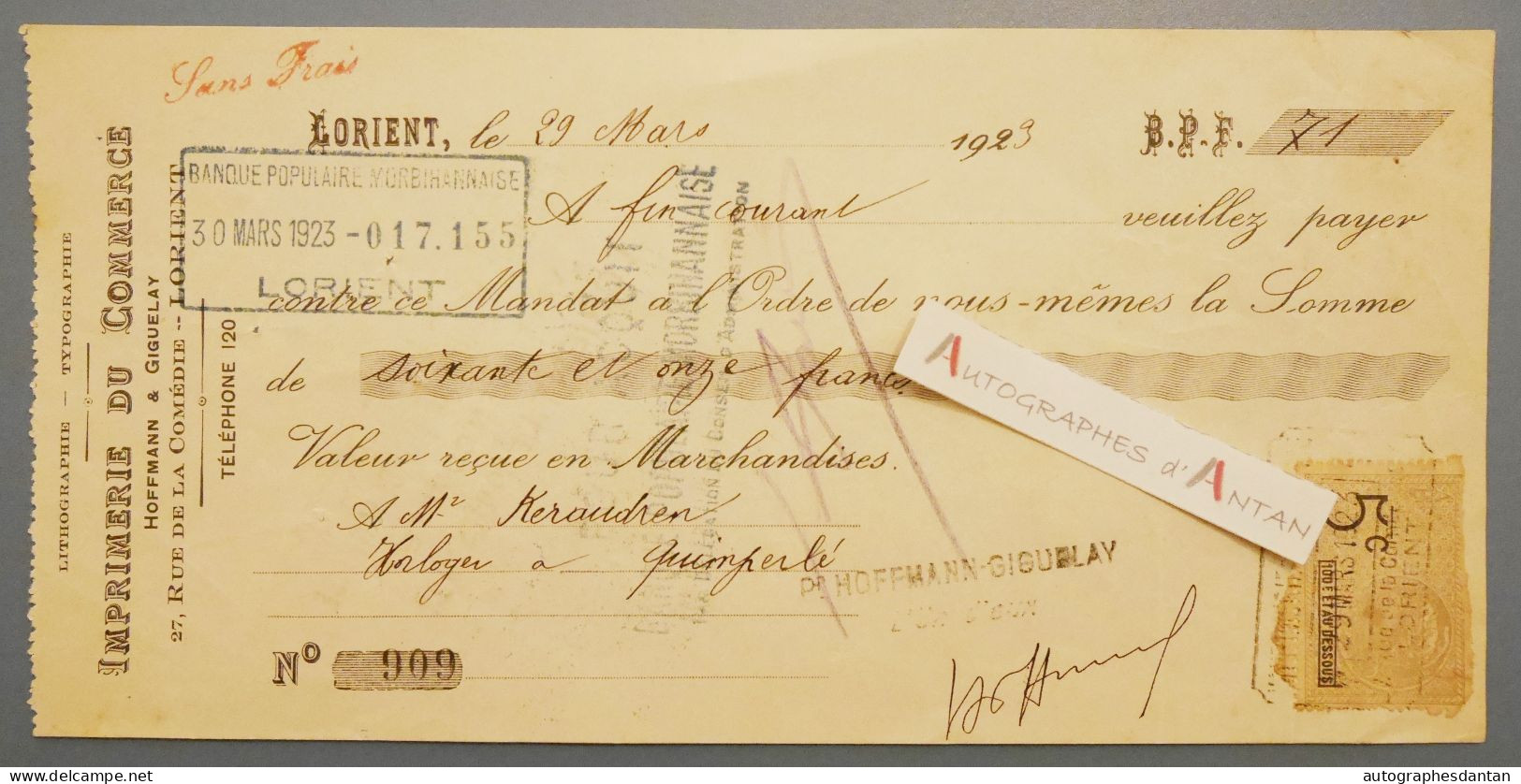 ● Lorient 1923 Imprimerie Du Commerce à M Keraudren Horloger à Quimperlé - Mandat Lettre De Change - Lettres De Change