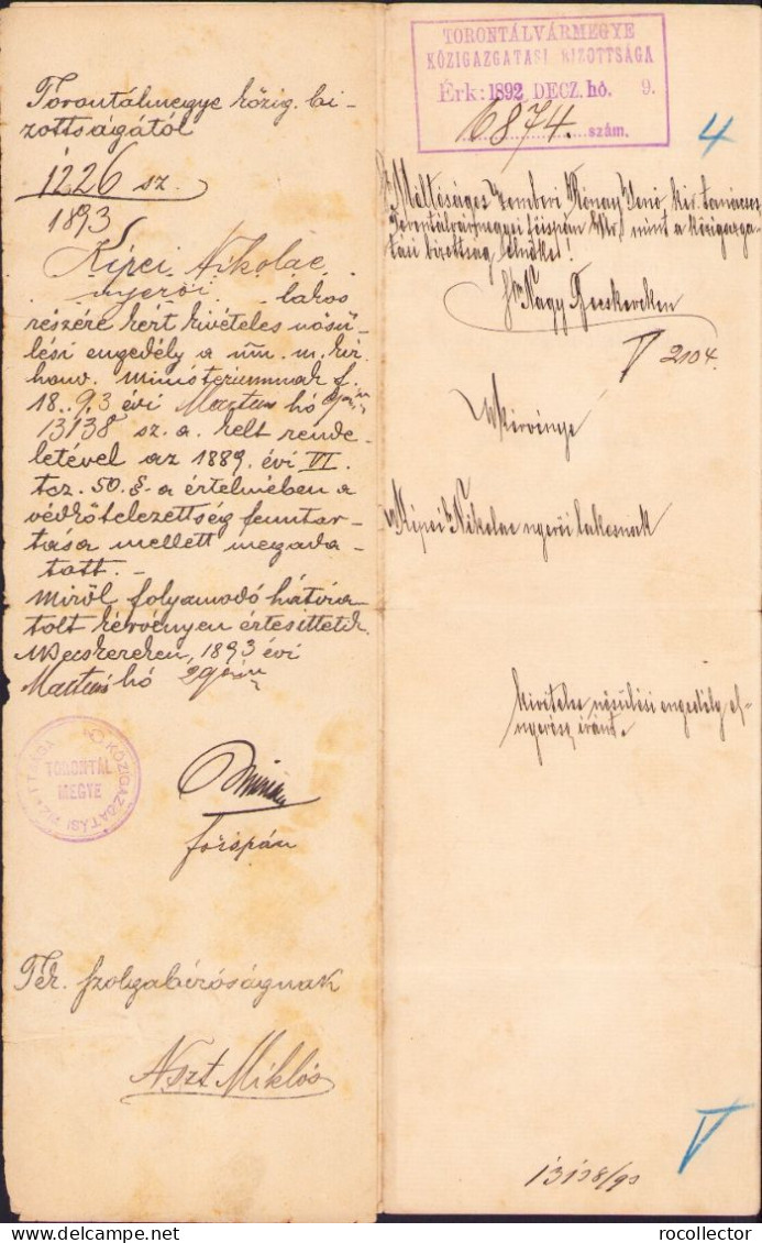 Zombori Rónay Jenő Alairasa, Torontal Varmegye Foispan, 1893 A2510N - Verzamelingen