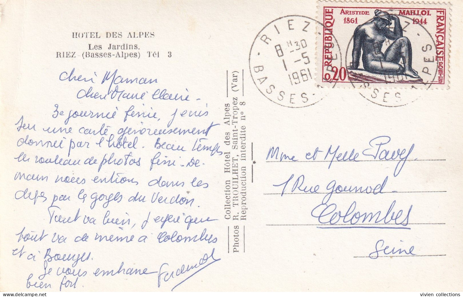 Riez (04 Alpes De Haute Provence) Hôtel Des Alpes Les Jardins édit Trouilhet Coll Hôtel Des Alpes CPSM N&B PF Circ. 1961 - Autres & Non Classés