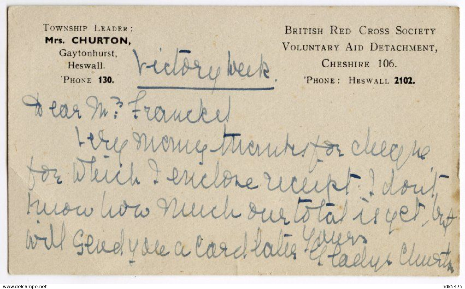 HESWALL : GAYTONHURST (CHURTON) - BRITISH RED CROSS SOCIETY, VOLUNTARY AID DETACHMENT, VICTORY WEEK - Other & Unclassified