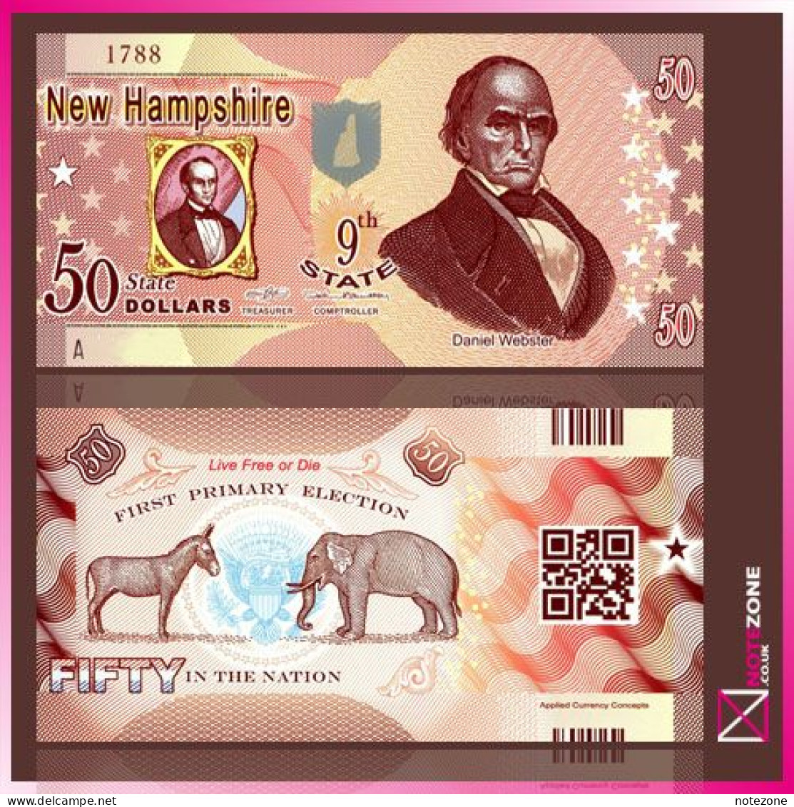 Thomas Stebbins USA $50 STATES New Hampshire 9th State Daniel Webster Polymer Fantasy Private Banknote Note - Collezioni