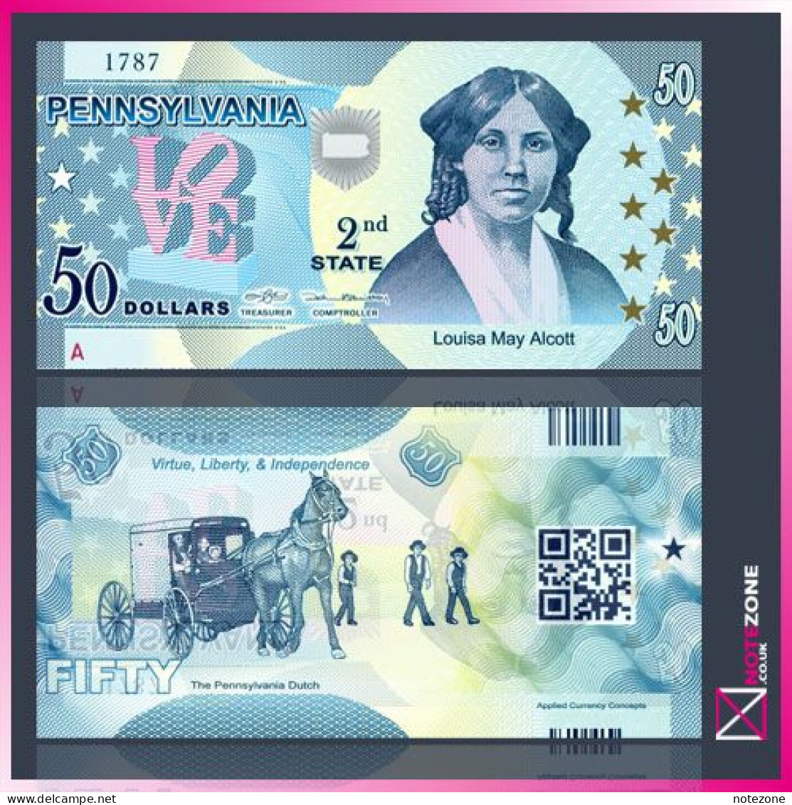 Thomas Stebbins USA $50 STATES Pennsylvania 2nd State Louisa May Alcott Polymer Fantasy Private Banknote Note - Sets & Sammlungen